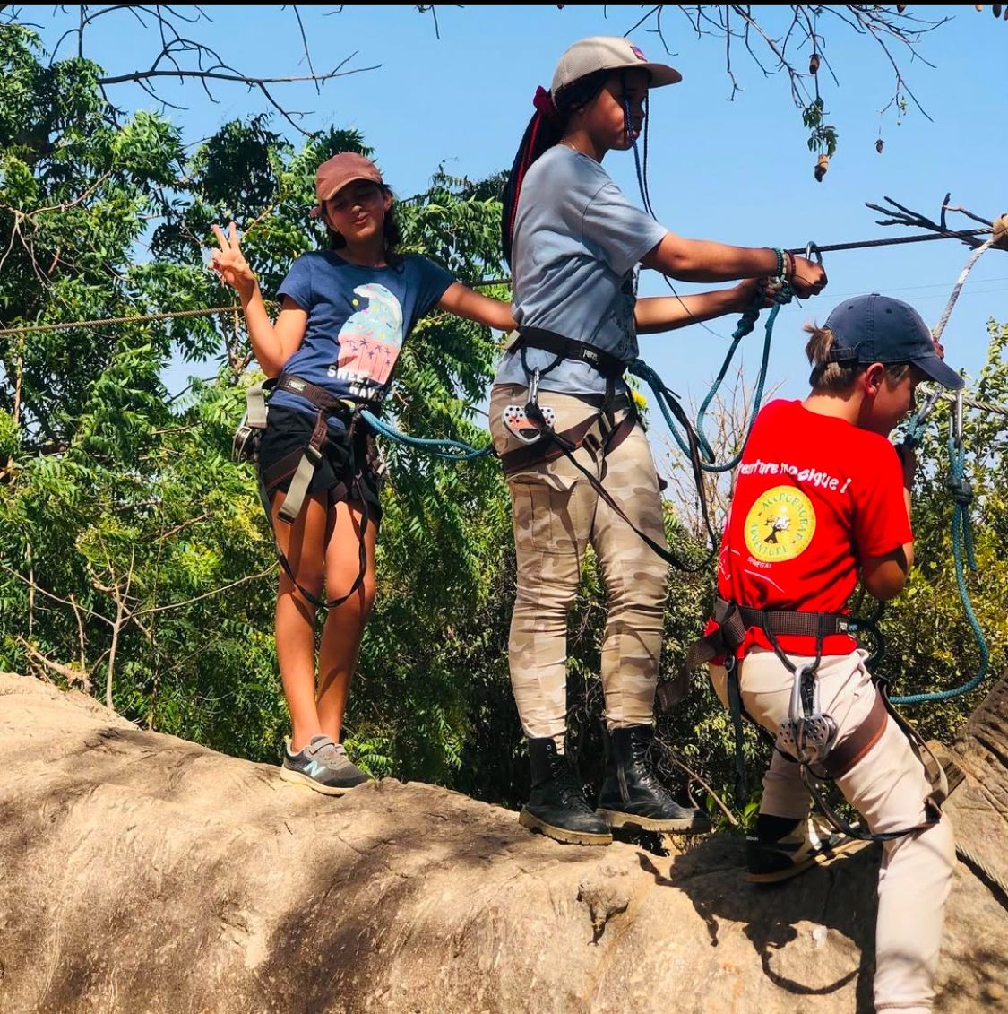 Three children in safety gear walking across a tightrope between trees in an outdoor adventure park.